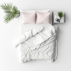 Elevated View Of Modern Minimalist Bedroom With White Bedding, Pink Pillows And Plants