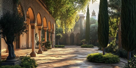 Obraz premium Sunlit Courtyard, Mediterranean Garden, Columns, Tranquil
