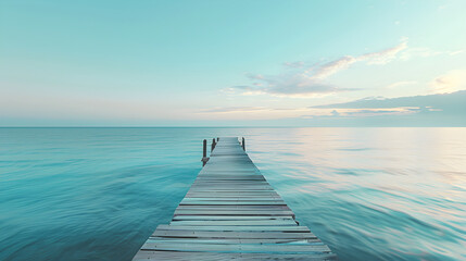 Fototapeta premium Idyllic Wooden Pier Extending Into Calm Sea Under Golden Sunset With Clear Sky and Gentle Waves