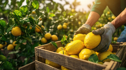 A man is picking lemons from a tree