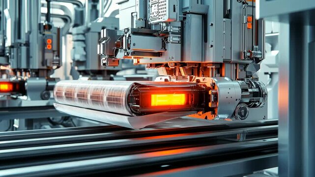 Close-up of a robotic system assembling biodegradable packaging, futuristic depiction, isolated with a clean gradient background for clarity and artistic rendering.