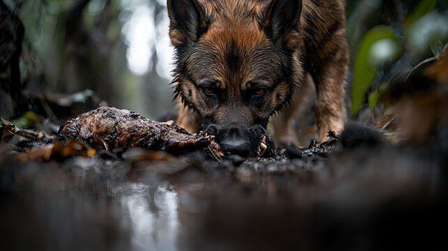 A close-up of a German Shepherd dog sniffing a piece of meat in a damp forest environment.