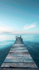 Fototapeta premium Idyllic Wooden Pier Extending Into Calm Sea Under Golden Sunset With Clear Sky and Gentle Waves