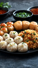 Assorted Asian Dishes On Dark Plate