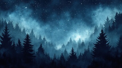 Fototapeta premium Starry Night Sky Over a Misty Evergreen Forest