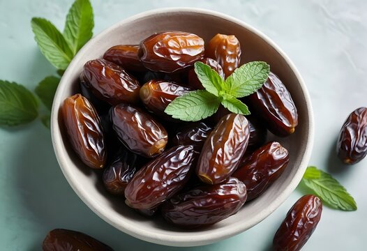 Dried sliced date fruit ini white bowl with copy space Snack vegan sugarfree food