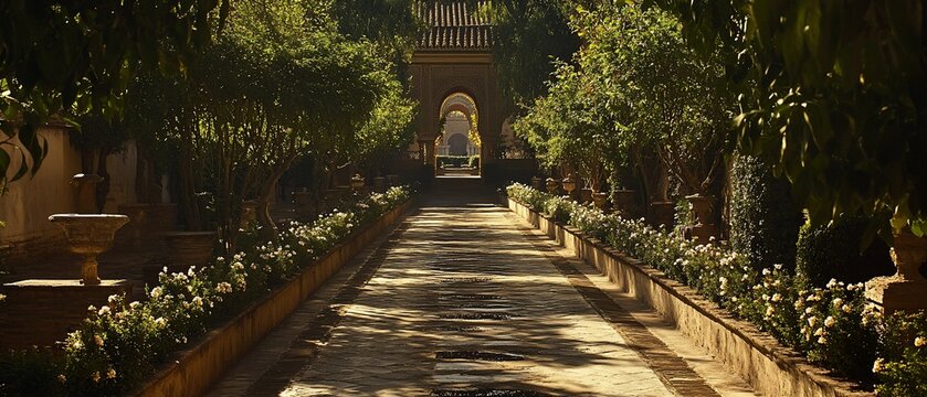 Sunlit garden path leads to arched gateway, tranquil background