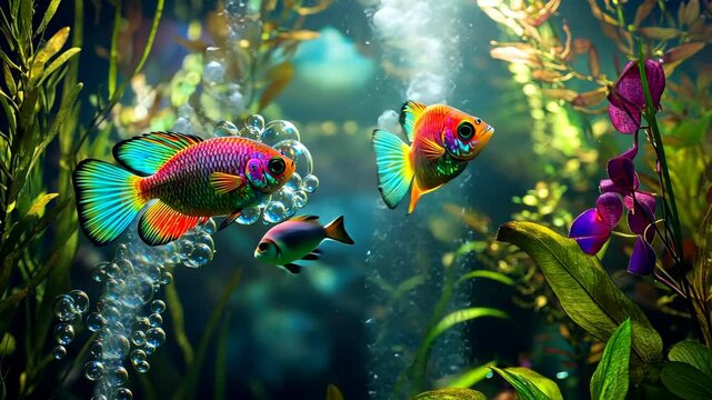 Close-up of gourami fish pair building bubble nest, vibrant colors and lush plants, clean water and professional lighting, detailed freshwater scene