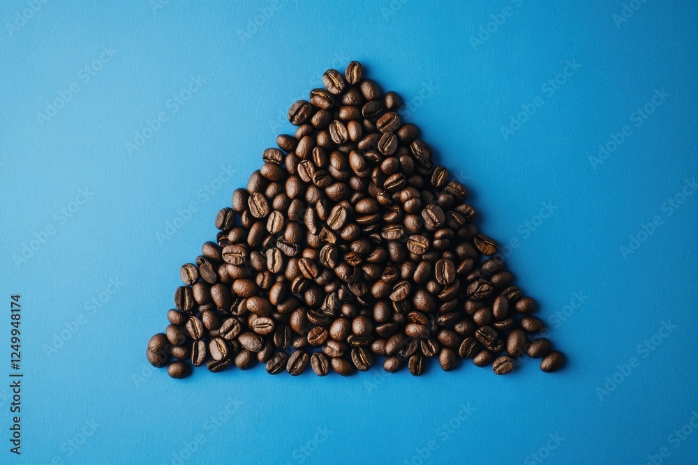 Wall mural Triangle shape formed from roasted coffee beans on blue background