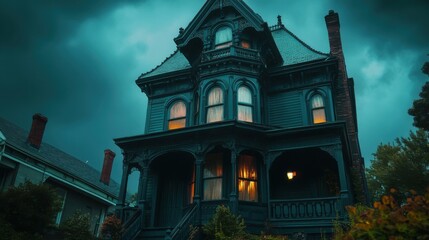 Obraz premium Spooky Victorian House with Dark Clouds and Glowing Windows at Dusk