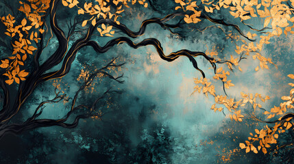 Abstract forest tapestry with flowing branches and shimmering leaves in gold and teal hues, decor, tapestry, nature. Tapestry & Textile Art Effects. Illustration