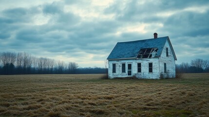 Abandoned Old House in an Open Field Under a Cloudy Sky with Overgrown Grass and Trees in the Background