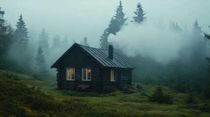 Cozy Wooden Cabin in Misty Forest Surrounded by Evergreen Trees and Mysterious Fog During Early Evening