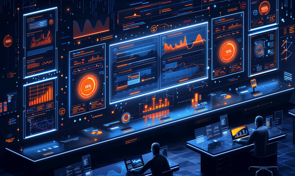 Isometric business illustration, schematic style, minimalistic flat design with clean lines and bold colour, showing a businessman working on a laptop at a modern desk, large data charts and graphs 