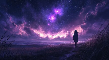 Fototapeta premium A woman stands alone on a vast grassy field, gazing up at the starry sky, her figure small and insignificant against the celestial backdrop.