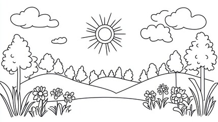 Sunny day, hills, trees, flowers, coloring page