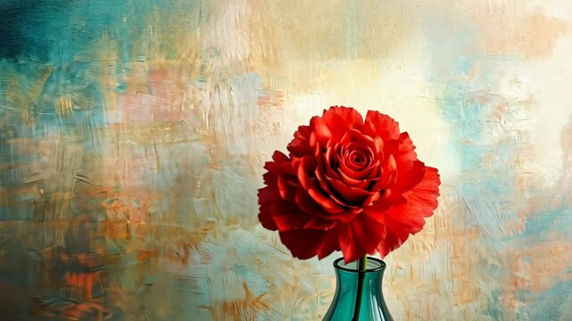 Bright red carnation flower with ruffled petals, placed in a vase with soft-focus interior decor.