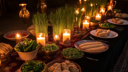 Fototapeta premium Traditional Nowruz Table with Candles and Wheat Sprouts, Symbolizing Renewal and Celebration