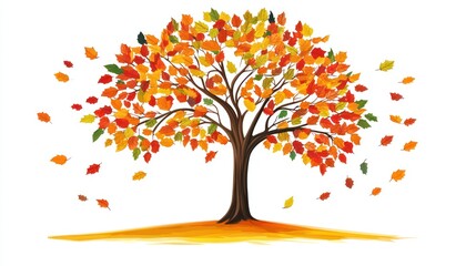 Autumn tree, leaves falling, white background, seasonal design (2)