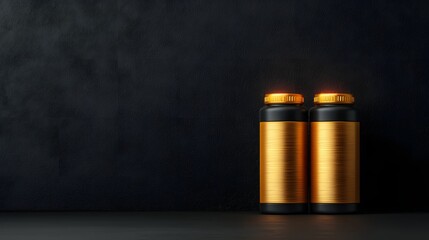 Fototapeta premium Innovative Energy Solutions: Glowing Battery Storage Bottles Against a Dark, Textured Background. Peak Energy, Generation, Optimization Concept