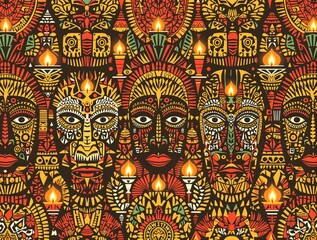 Obraz premium Traditional African tribal masks pattern with burning candles on black background. Ethnic ceremonial design for Kwanzaa celebration, African Heritage Month, festival decorations or spiritual art