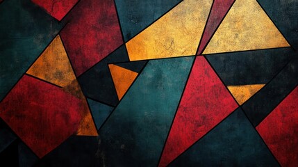 This abstract image features a diverse array of triangles in various colors, arranged in an intricate pattern that creates a visually striking composition.