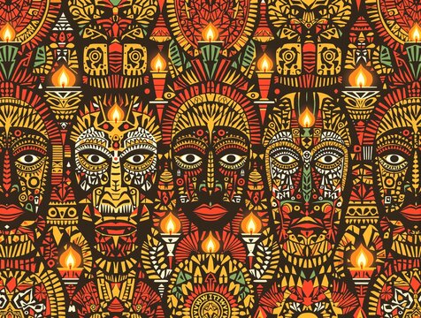 Traditional African tribal masks pattern with burning candles on black background. Ethnic ceremonial design for Kwanzaa celebration, African Heritage Month, festival decorations or spiritual art