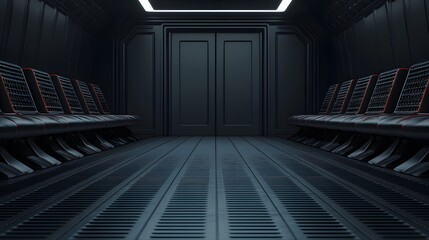 Fototapeta premium A Sleek and Modern Waiting Area with Black Seats and an Atmospheric Ambiance of Anticipation. Peak Energy, Generation, Optimization Concept
