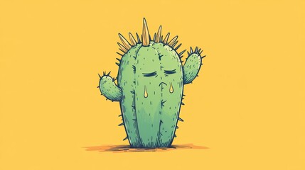 A cute doodle of a tiny cactus with a sad face, a single teardrop falling from one of its spines, expressing a sweet yet emotional charm.