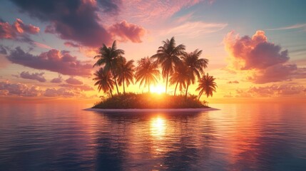 A small island with palm trees and a sunset in the background.