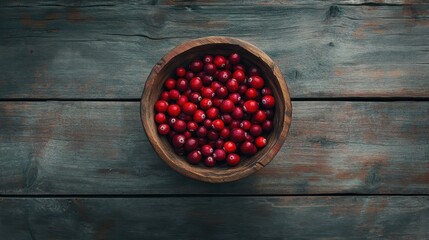 Fresh Red Cranberries in Wooden Bowl on Rustic Table Top Background