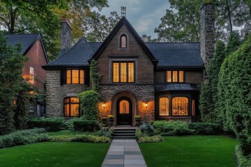 Charming historic house with illuminated windows surrounded by lush landscaping at dusk showcasing architectural beauty in a quiet neighborhood setting