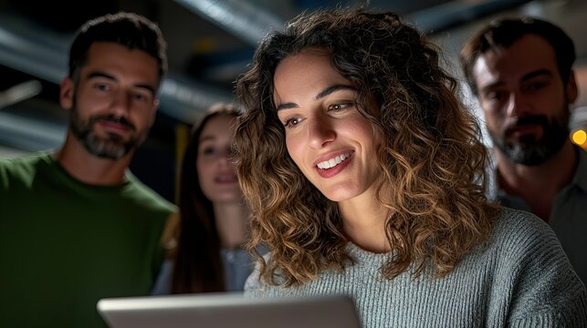A smiling woman with curly hair is using a tablet, surrounded by three engaged colleagues in a collaborative workspace.