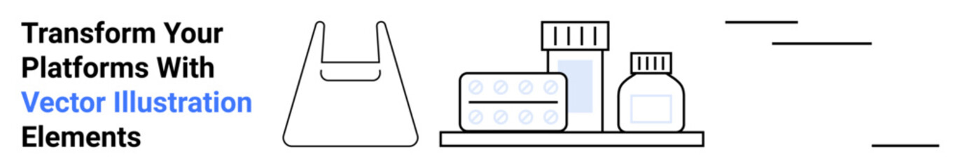 Obraz premium Medicine bottle, pill blister pack, and jar on a shelf near a reusable shopping bag. Ideal for health, pharmacy, e-commerce, eco-friendly products, medical supply chains, logistics flat landing page