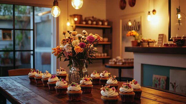 Cozy indoor birthday party setup with a warm-lit room, rustic wooden table adorned with cupcakes and flowers, intimate and heartfelt vibe