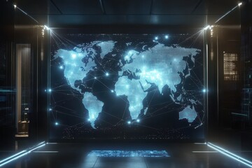Fototapeta premium Global Network Data Visualization In Modern Server Room