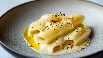 Rigatoni pasta is tossed in a light-colored sauce, seasoned with cracked black pepper and a sprinkle of herbs, and served in a gray bowl with a drizzle of olive oil.