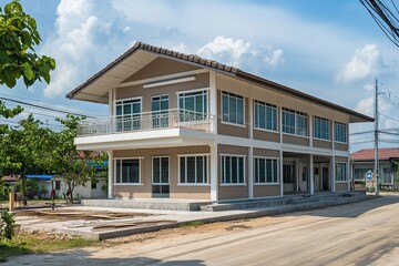 New House Construction: Two-Story Building with Balcony, Modern Design, Under Construction, Near Completion