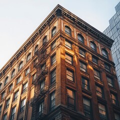 Fototapeta premium Historic Brick Building Facade in Golden Light