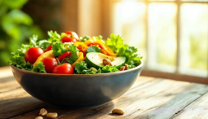 Colorful Salad Bowl with Fresh Vegetables on Wooden Table Indoors