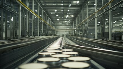 Fototapeta premium Modern industrial facility showcasing automated production line with circular containers in motion