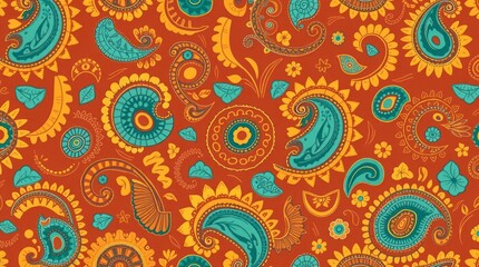 Vibrant Paisley Pattern Design Orange Teal Yellow
