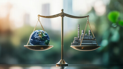 天秤に載せられた地球儀と工場模型が示す環境と経済の均衡