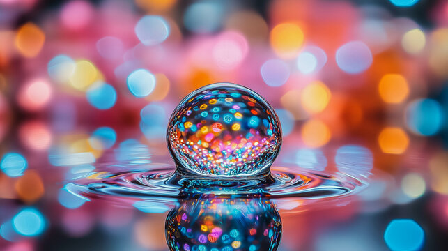 A single droplet magnifying rainbow light on glass smooth water droplet sitting on transparent glass - Powered by Adobe