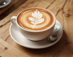 Coffee cup with intricate rosetta latte art on wooden background, cafe, furniture, beverage