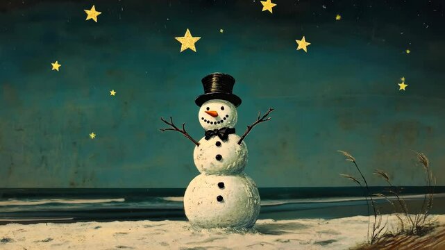 Antique postcard of a snowman standing on a beach under a starlit sky, surreal and playful, blending festive elements with unexpected settings