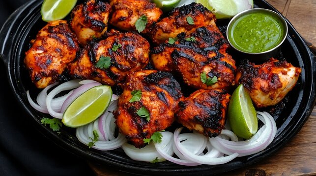 Top view of tandoori chicken Spiced Grilled Chicken sizzling a platter garnished with lime wedges sliced onions and mint chutney