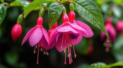 Closeup Of Pink Fuchsia Flowers With Dew Drops