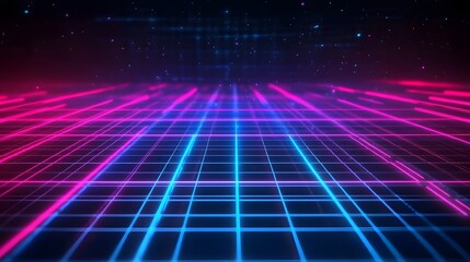 A Digital Grid Background with Neon Blue and Pink Lights, Creating an Otherworldly Atmosphere for Retro Video Game-Inspired Visuals, Evoking a Futuristic and High-Tech Vibe with Bold, Vibrant Colors