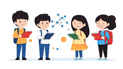 Group of four children engaging with educational materials in a playful learning environment
